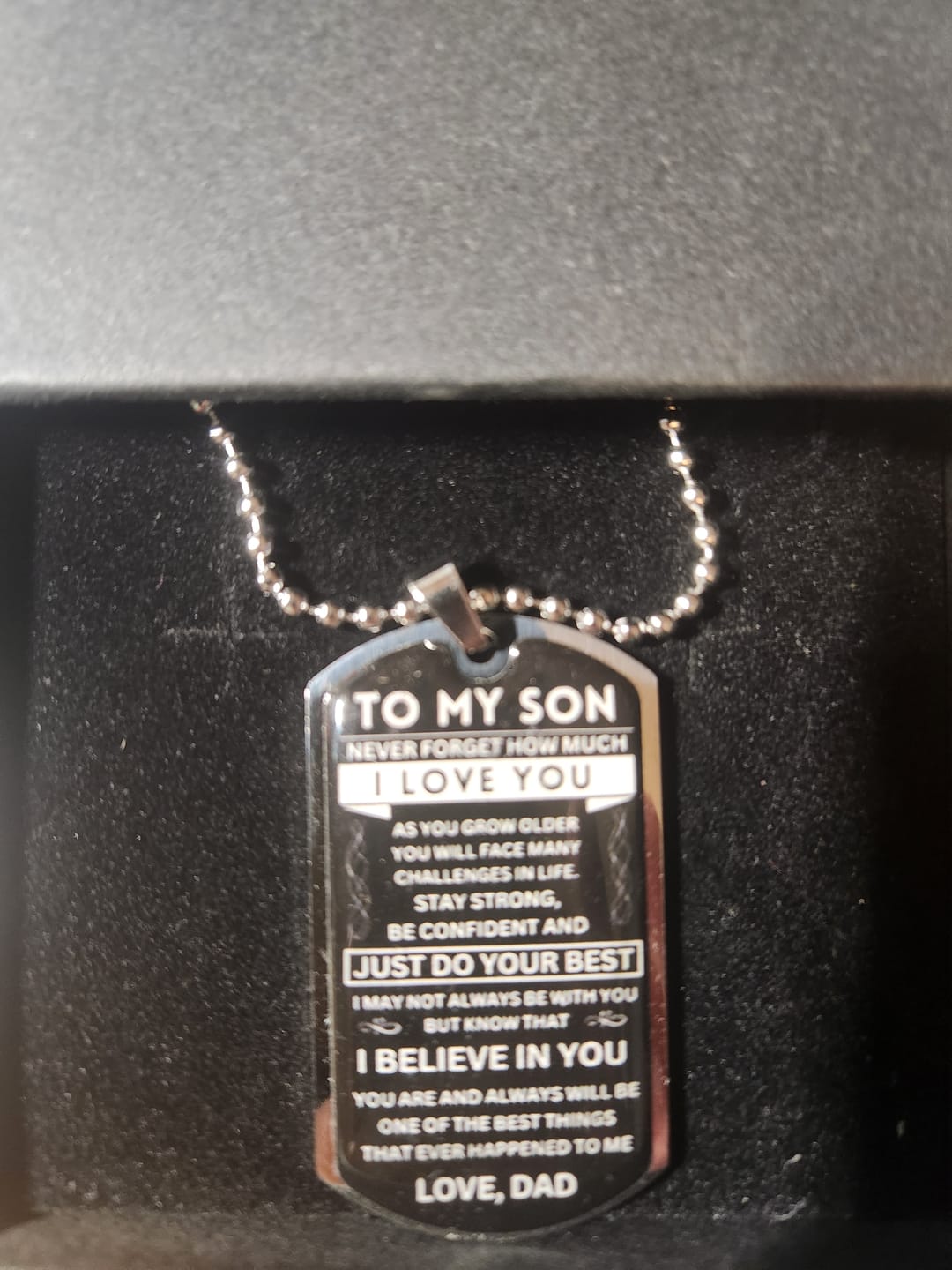 Customer photo review of To My Son "Never Forget" Dog Tag - Military Ball Chain fp2