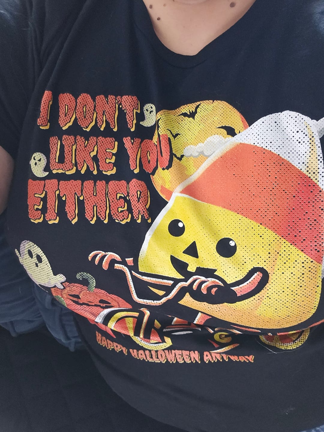 Customer photo review of I Don't Like You Either Cutie Candy Corn HalloweenT-Shirt