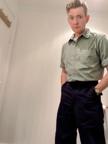 Customer photo review of 1930s Jaspé Workshirt - Sage