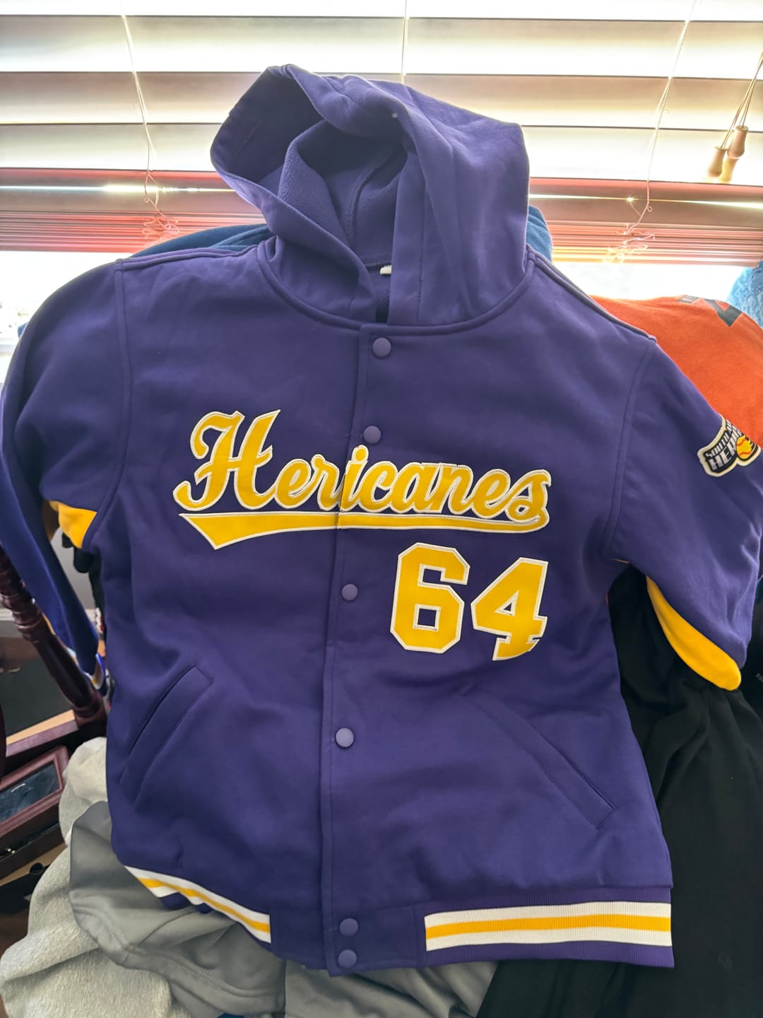 Customer photo review of Custom Purple Gold Color Block Varsity Full-Snap Letterman Jacket Hoodie