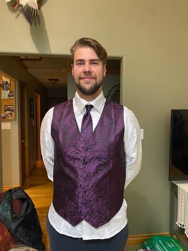 Customer photo review of Barry Wang Men's Black Purple Floral Silk Vest Necktie Pocket square Cufflinks