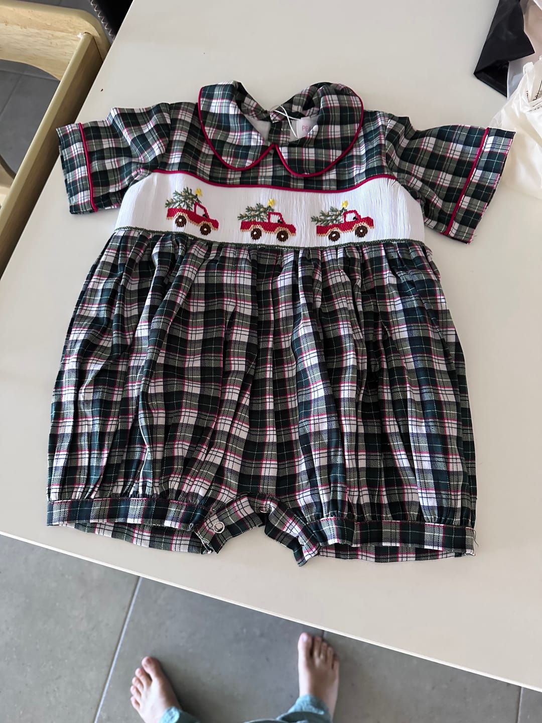 Customer photo review of Jolly Truck Plaid Boys Romper