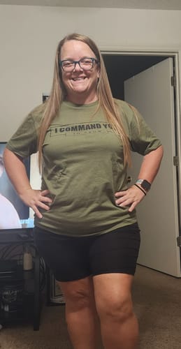 Customer photo review of Iron Addicts "I Command You To Grow" Gym Clothing Tee Shirt in Military Green
