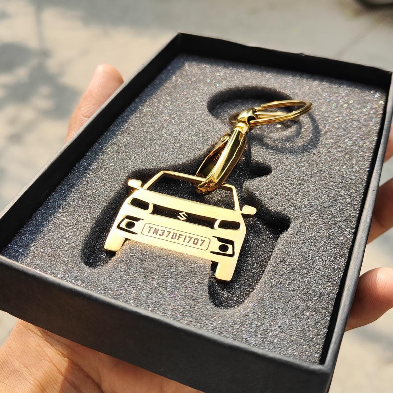 Customer photo review of Personalised Gold Plated Car Keychain