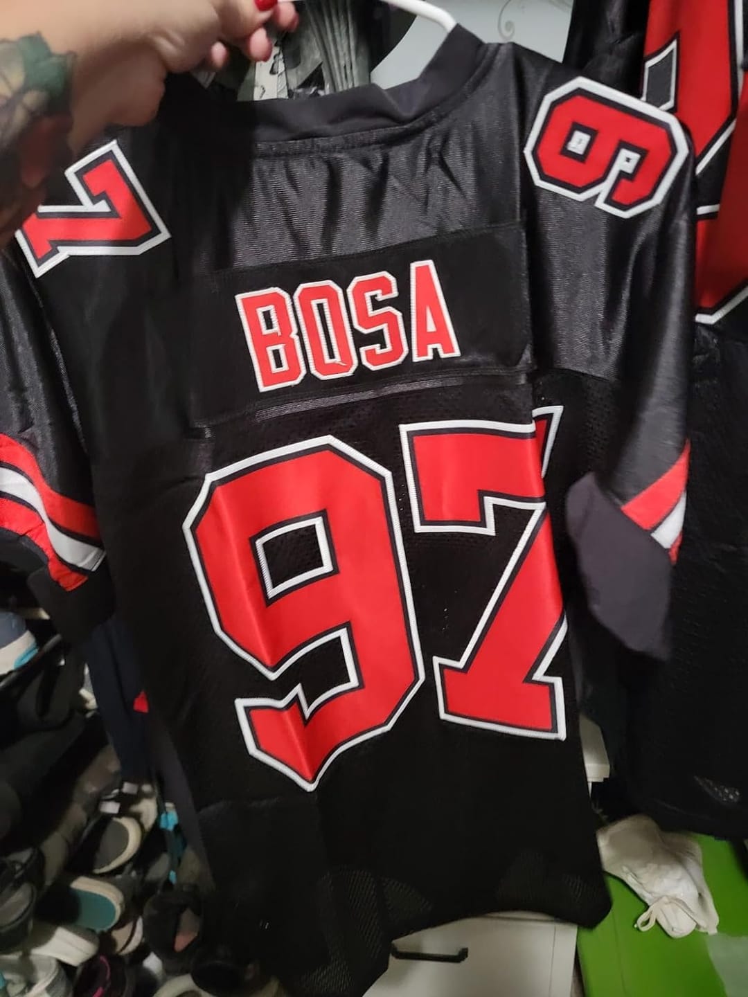 Customer photo review of Custom Black Red-White Classic Style Mesh Authentic Football Jersey