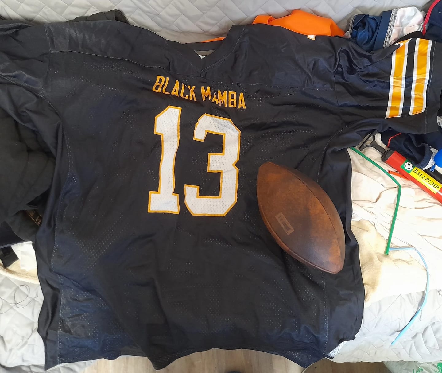 Customer photo review of Custom Black White-Gold Classic Style Mesh Authentic Football Jersey