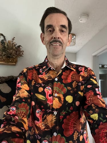 Customer photo review of Men's Turkey Harvest Print Thanksgiving Funny Holiday Button Up Long Sleeve Shirt