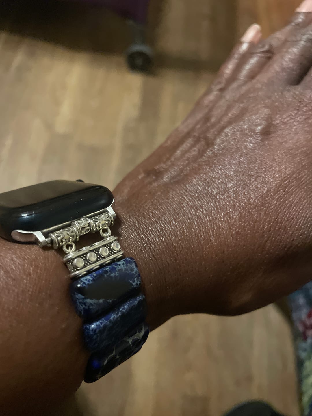 Customer photo review of Dark Navy Tibetan Jasper Stretch Apple Watch Strap