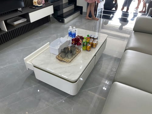Customer photo review of Bàn trà chữ nhật màu trắng, mặt đá Ceramic, tích hợp ngăn kéo tiện lợi - SERENO