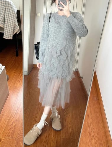 Customer photo review of Art Grey Ruffled Solid Tulle Patchwork Knit Dress Fall