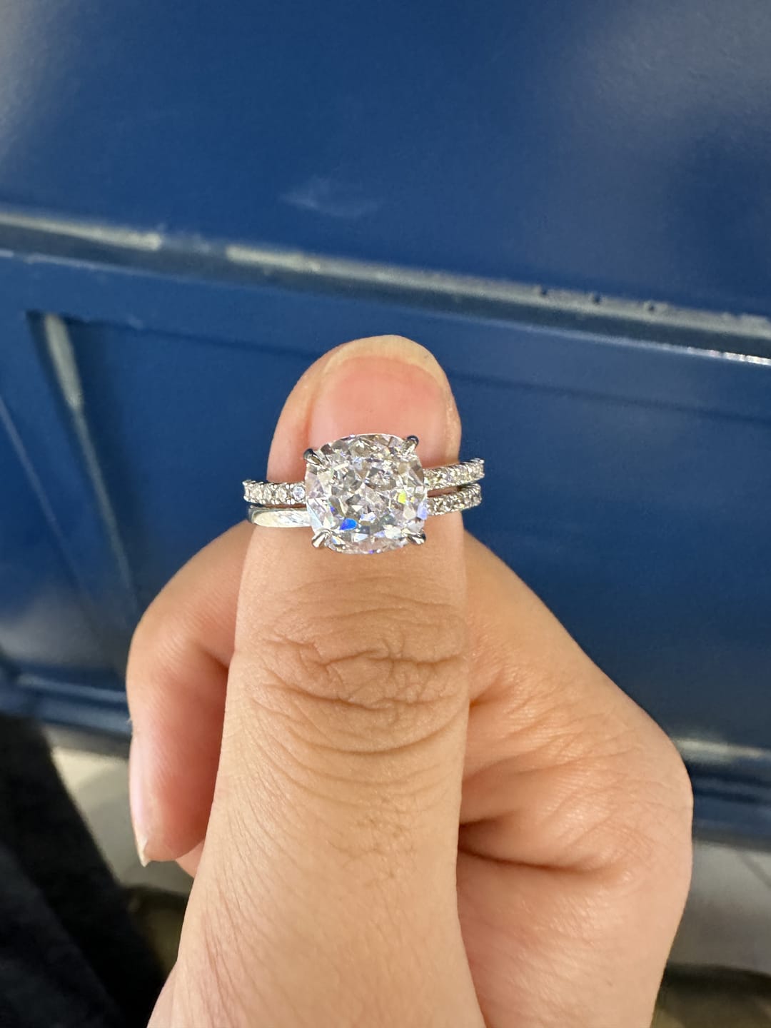 Customer photo review of S925 Classic 3.0 Carat Cushion Cut White Sapphire Wedding Set In Sterling Silver