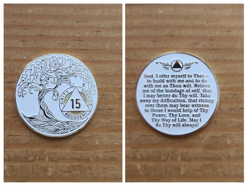 Customer photo review of 15 Year Sobriety Mint Twisted Tree of Life Gold Plated AA Recovery Medallion - Fifteen Year Chip/Coin - White