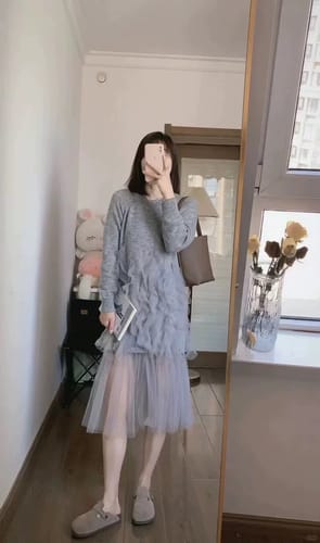 Customer photo review of Art Grey Ruffled Solid Tulle Patchwork Knit Dress Fall