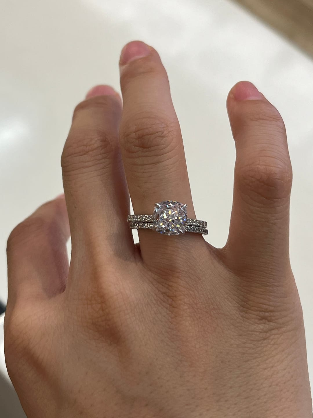 Customer photo review of S925 Classic 3.0 Carat Cushion Cut White Sapphire Wedding Set In Sterling Silver