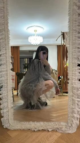 Customer photo review of Art Grey Ruffled Solid Tulle Patchwork Knit Dress Fall