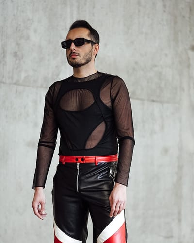 Customer photo review of Mens Cutout Mesh Patchwork Long Sleeve Bodysuit SKUK26614