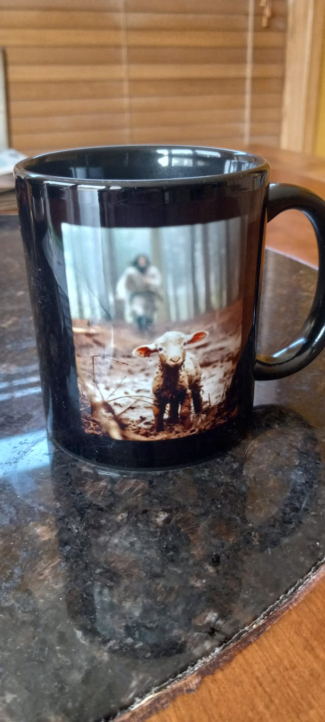 Customer photo review of Jesus Running After a Lost Lamb, Jesus and Lamb Picture, Coffee Mug (Without Text)