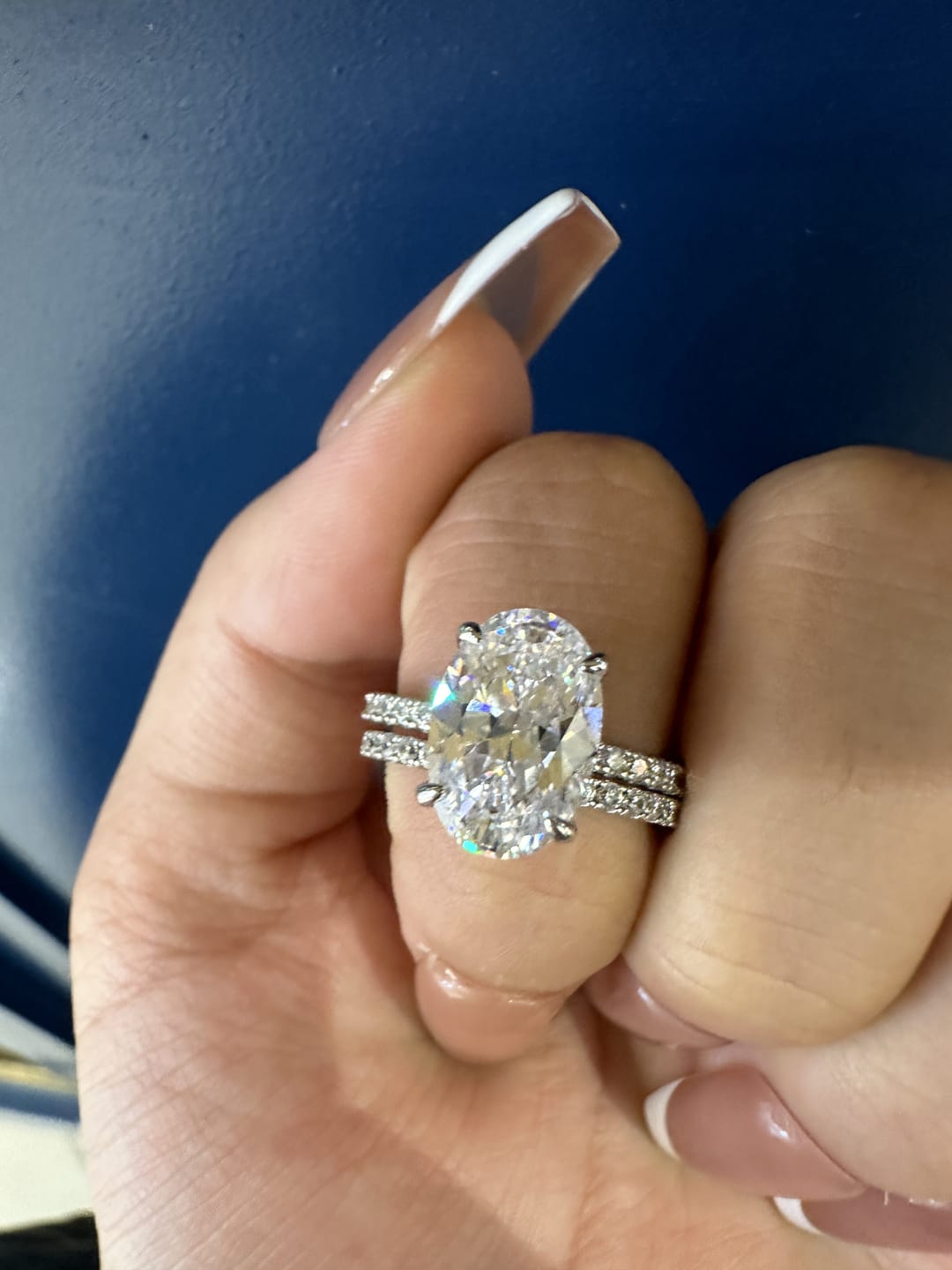 Customer photo review of S925 4.0 Carat Oval Cut Wedding Ring Set With Hidden Halo Promise Ring Classic Half Wedding Band