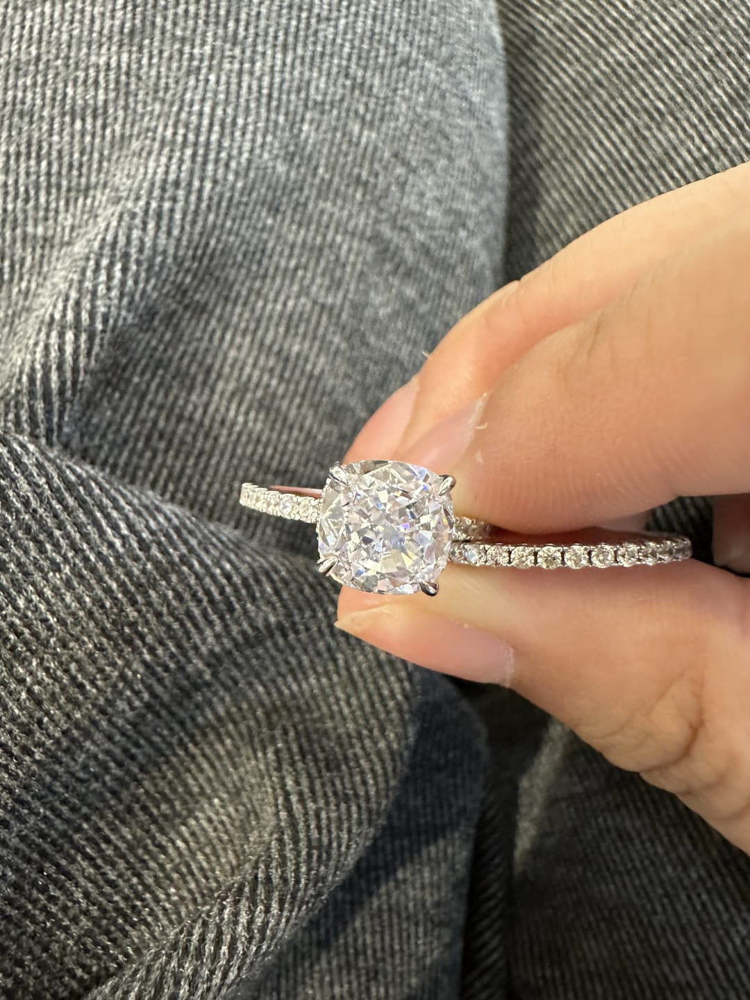 Customer photo review of S925 Classic 3.0 Carat Cushion Cut White Sapphire Wedding Set In Sterling Silver