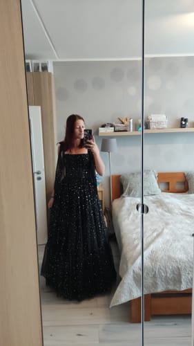 Customer photo review of Corset Tulle Silver Star Straight Across Neckline Dress with Tie Straps Black