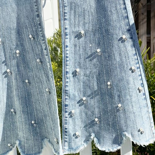 Customer photo review of High Rise Embellished Boot Cut Flared Jeans - Blossom Belle