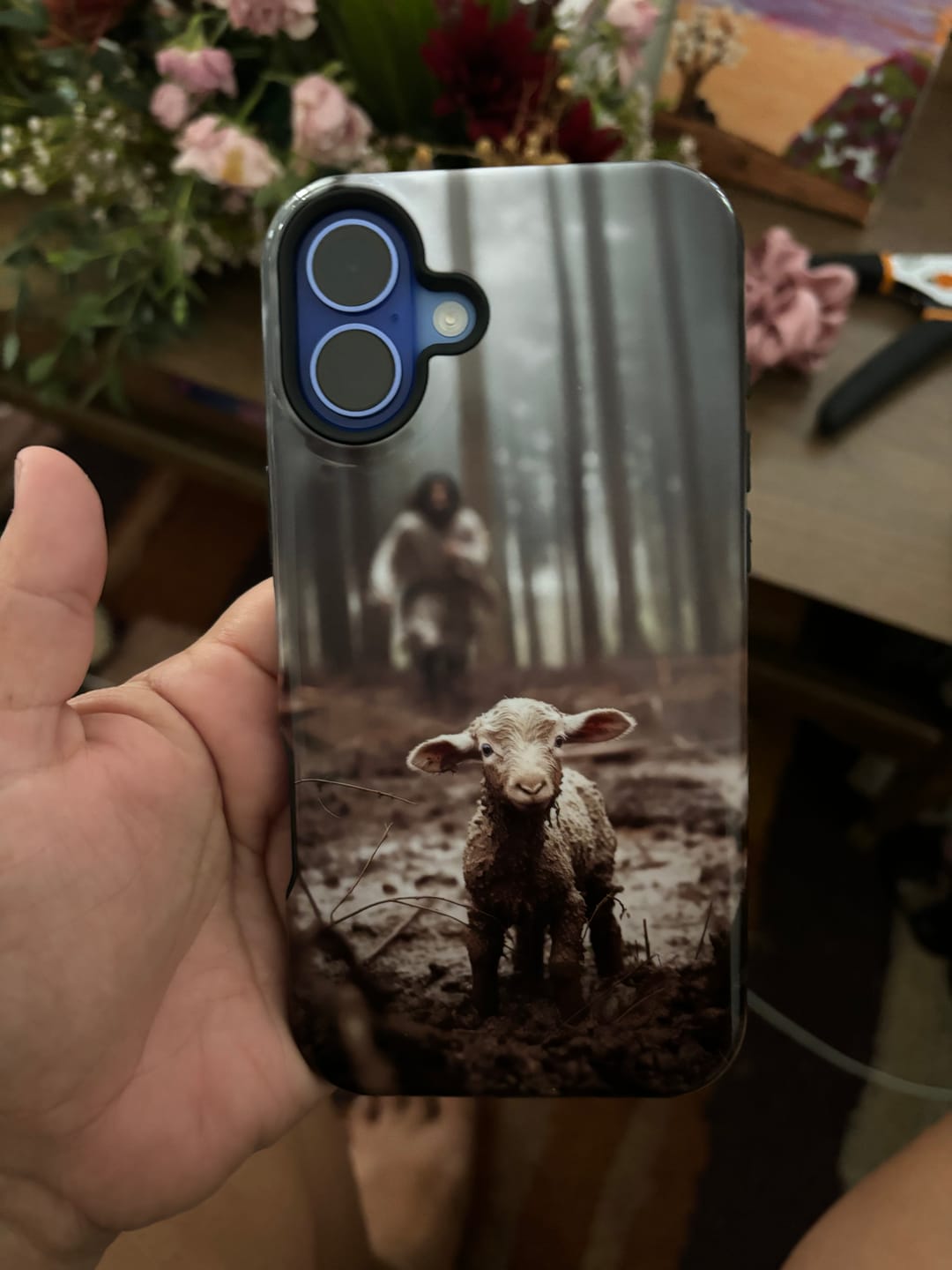 Customer photo review of Jesus With The Sheep, Jesus Running After Lamb, Phone Case