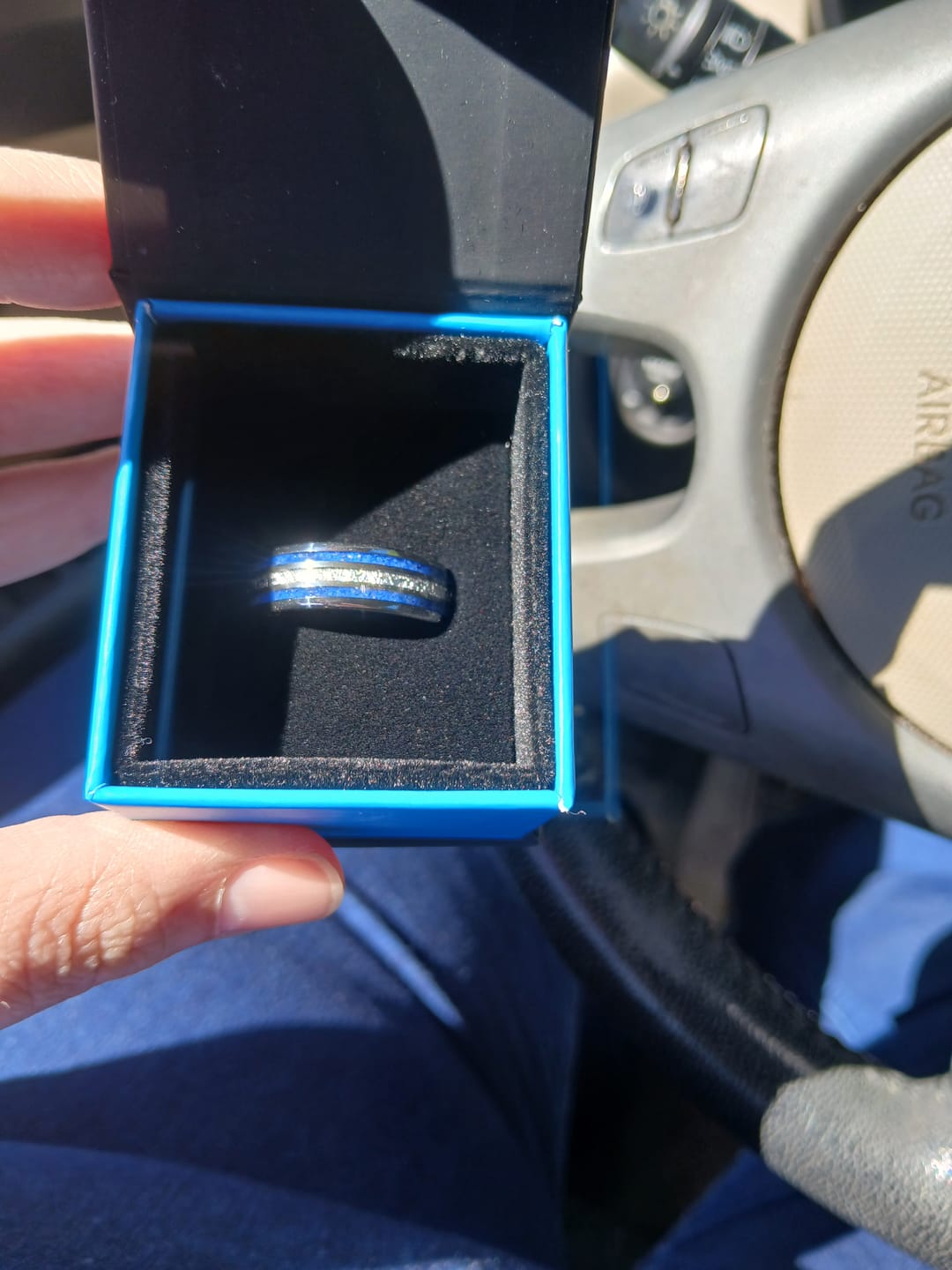 Customer photo review of 8mm - Mens Domed Tungsten Meteorite Ring, W/ Lapis Lazuli Inlay