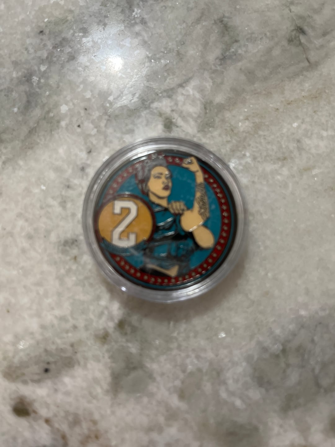 Customer photo review of Rosie Recovery Strength 2 Year AA/NA Medallion - Tri-Plate Two Year Chip/Coin