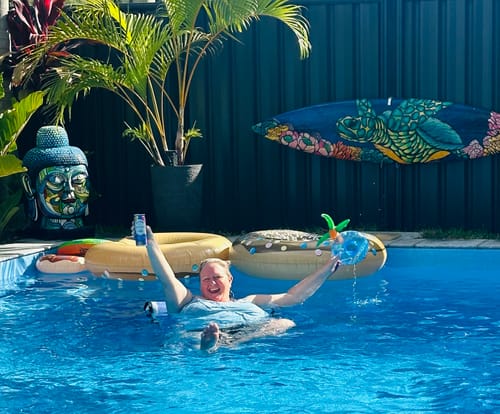 Customer photo review of Blue Bayou Water Hammock - with attachable waterproof phone sleeve and inflatable drink holder.