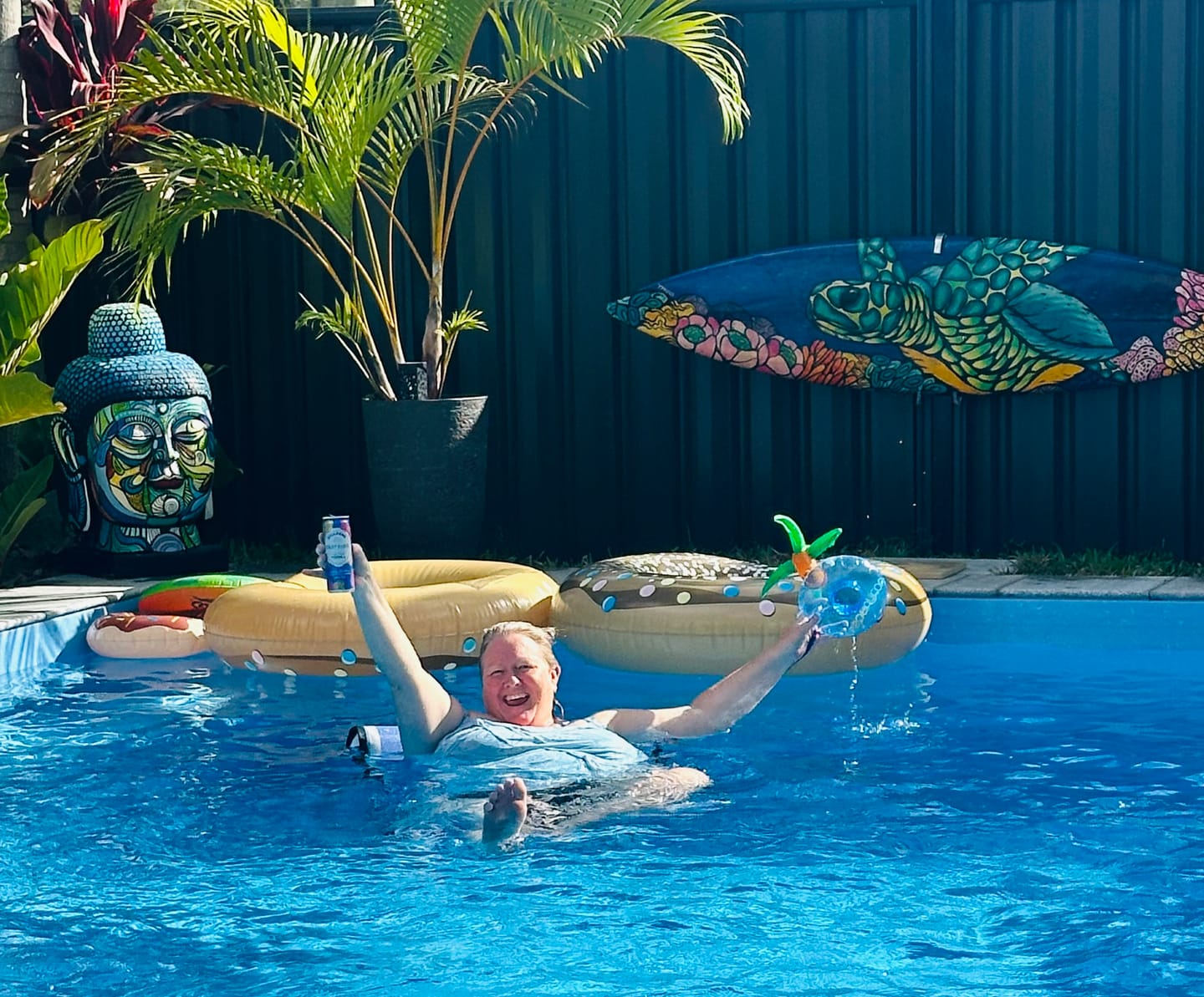 Customer photo review of Blue Bayou Water Hammock - with attachable waterproof phone sleeve and inflatable drink holder.