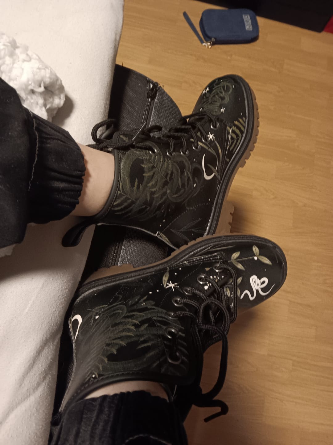 Customer photo review of Nocturnal Snakes in Enchanted Forest in Black Vegan Leather Combat Boots