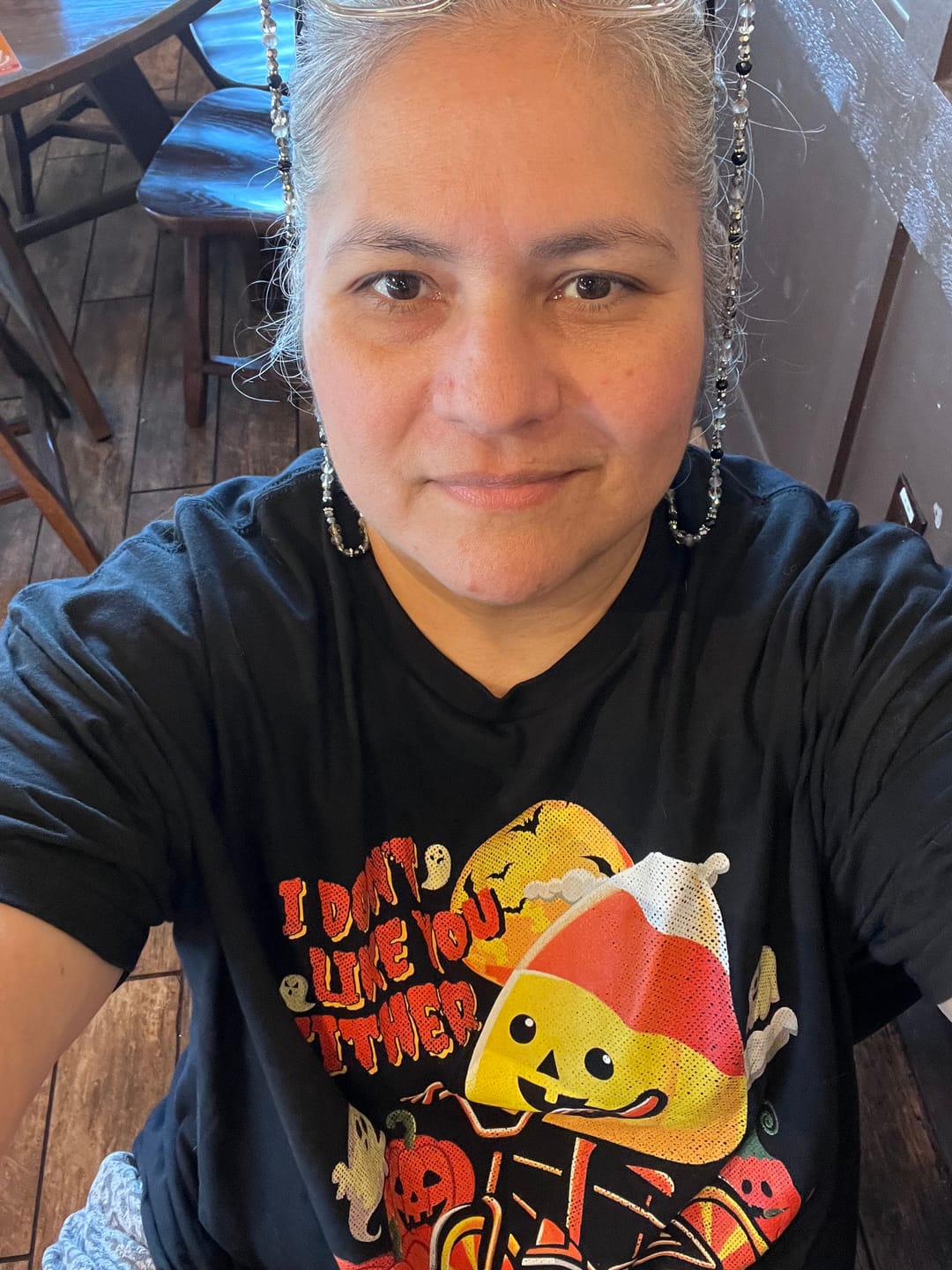 Customer photo review of I Don't Like You Either Cutie Candy Corn HalloweenT-Shirt