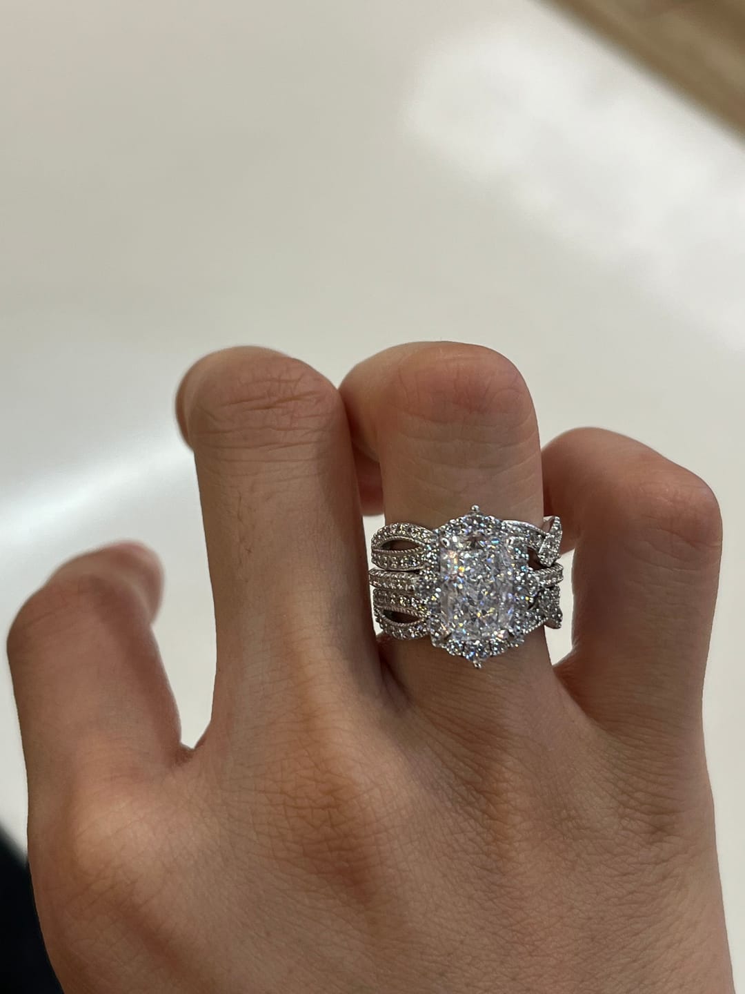 Customer photo review of S925 3.0Ct Radiant Cut Black Stone/White Stone Halo Insert Wedding Ring Set For Women In Sterling Silver