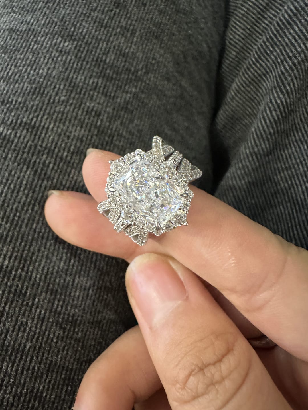 Customer photo review of S925 3.0Ct Radiant Cut Black Stone/White Stone Halo Insert Wedding Ring Set For Women In Sterling Silver