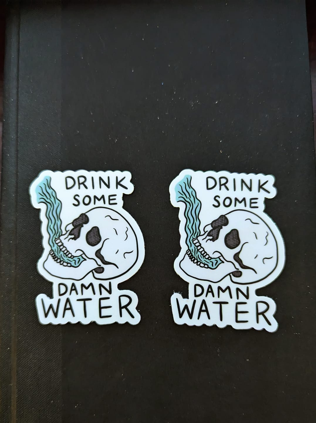 Customer photo review of "Drink some damn water" skull sticker