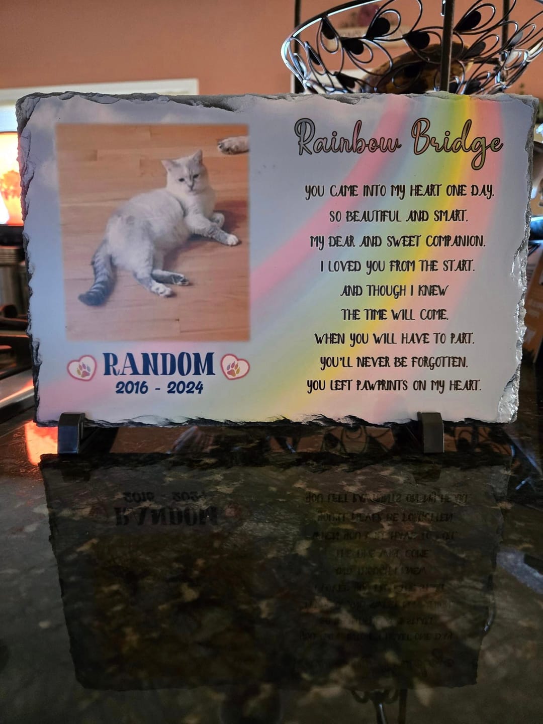 Customer photo review of Cat Memorial Plaque Personalized Rainbow Bridge Pet loss Keepsake