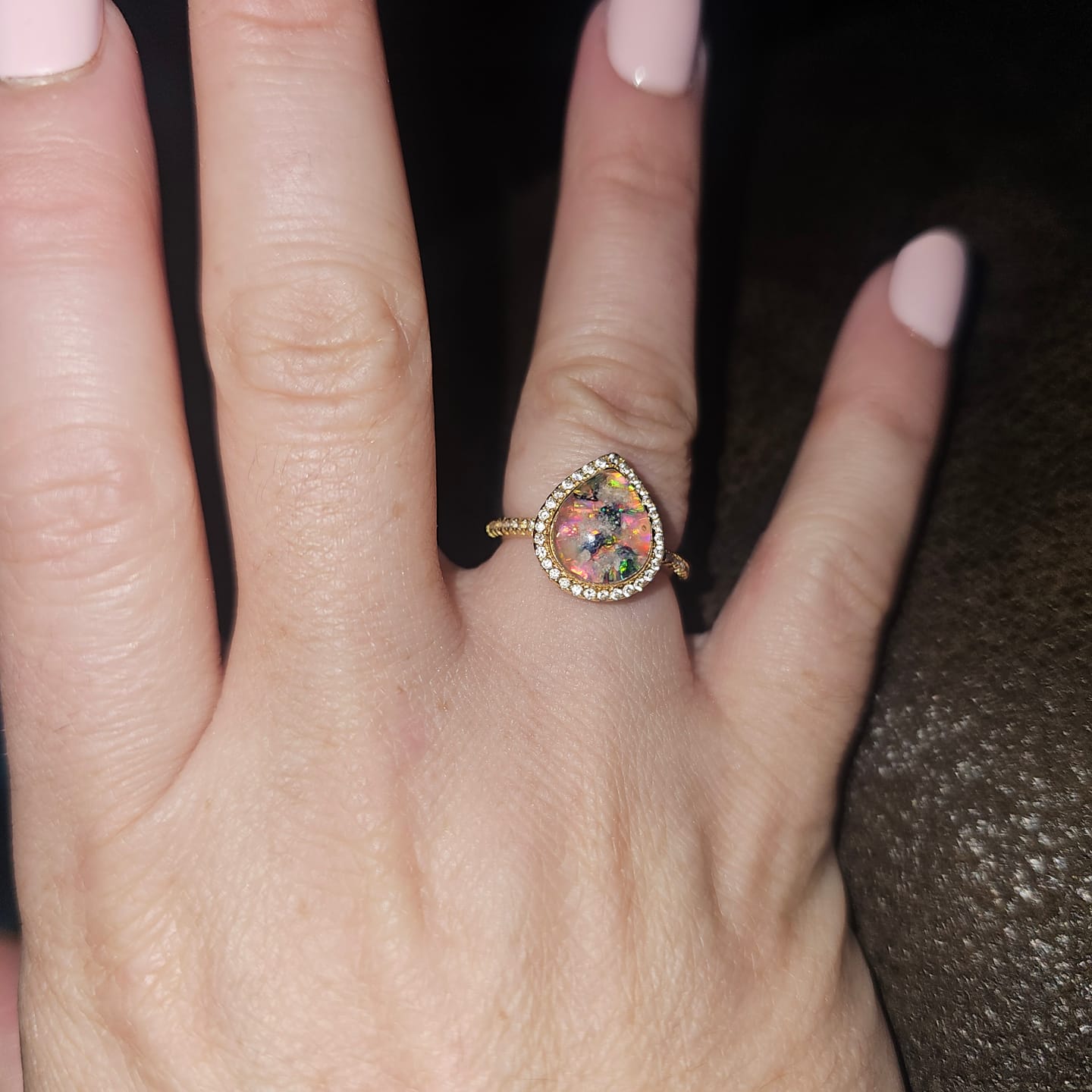 Customer photo review of Bedazzled Pear Opal Ring with Cremation Ashes