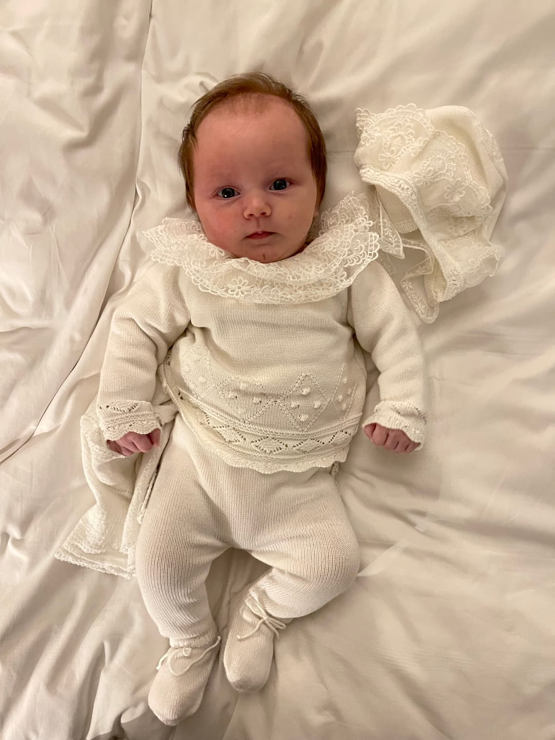 Customer photo review of Ivory Three Piece Spanish Knit Baby Set with Lace