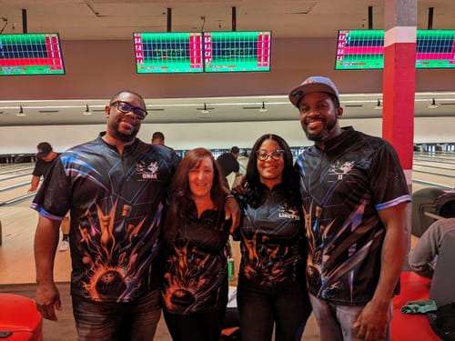 Customer photo review of Maxcorner Bowling Ball & Pins Premium Multicolor Option Customized Name 3D Shirt (4 Colors)