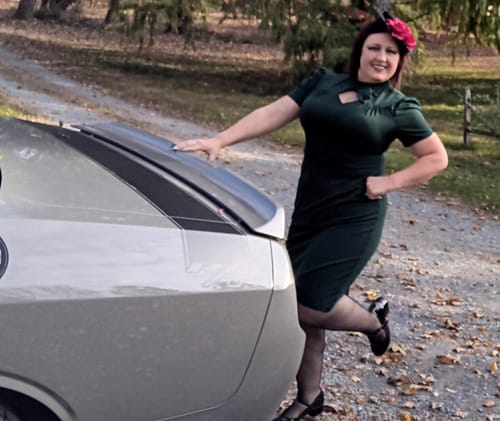 Customer photo review of Green 1960s Keyhole Stand Collar Pencil Dress