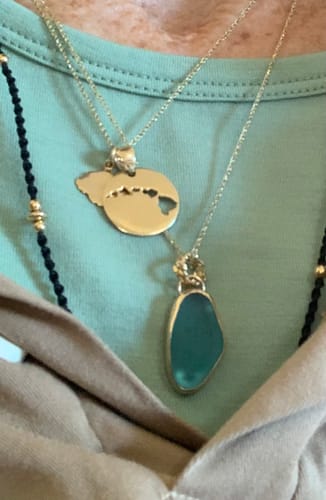 Customer photo review of 14k Gold Bezel Set Sea Glass Necklace w/ Plumeria Bail