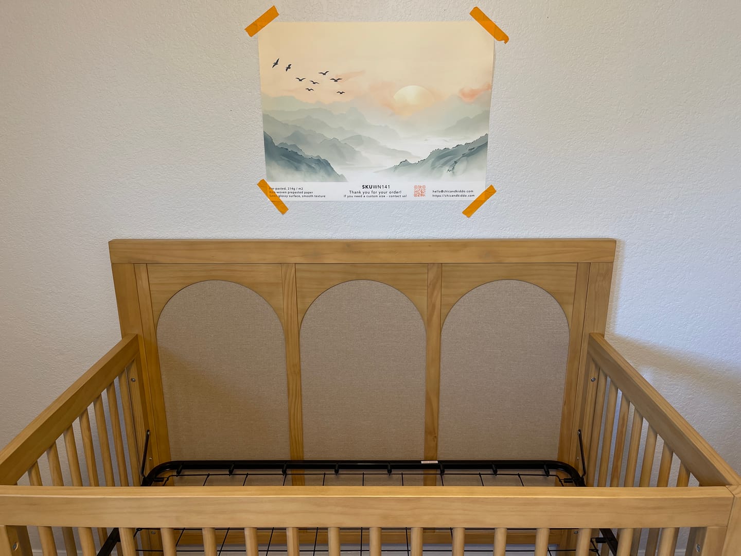 Customer photo review of Minimal Nursery Wall Mural, Watercolor Sunset over the Mountains Mural, Peel and Stick Removable Nature Landscape and Birds in Soft Colors