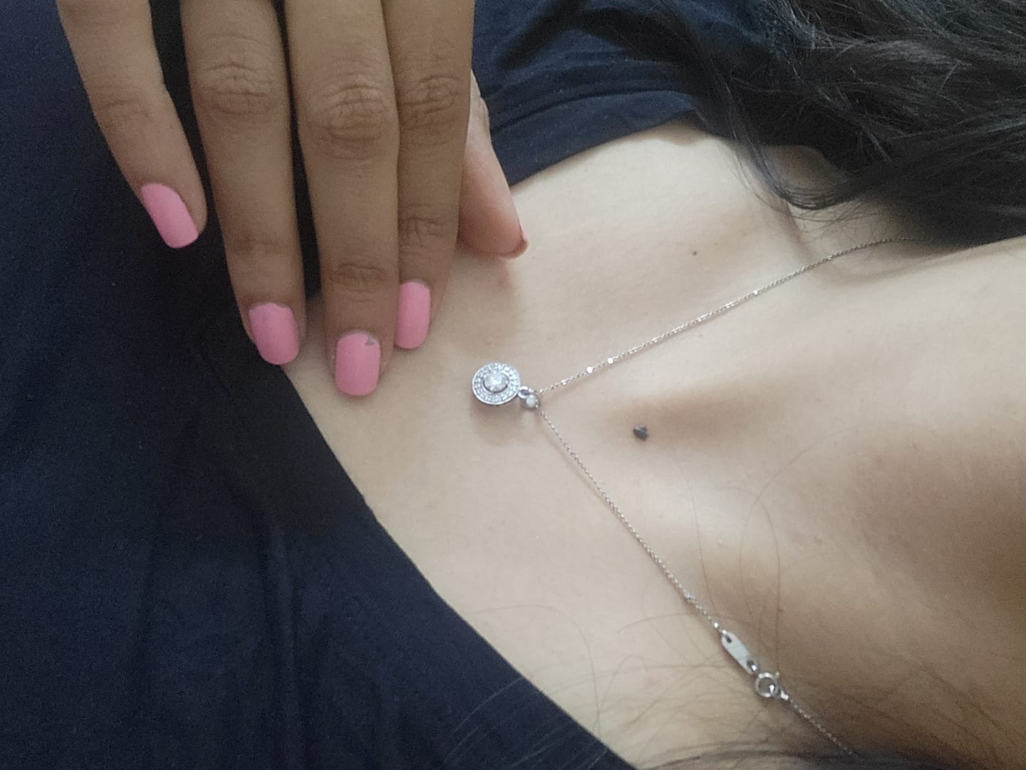 Customer photo review of Charm 0.50 Pointer Round Halo Lab Diamond Pendant