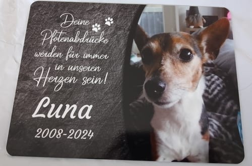 Customer photo review of Hunde Gedenktafel mit Foto & Spruch (UV- & Wetterfest)