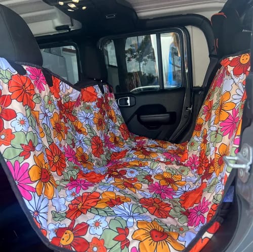 Customer photo review of Hippie Flower Power Dog Car Seat Covers