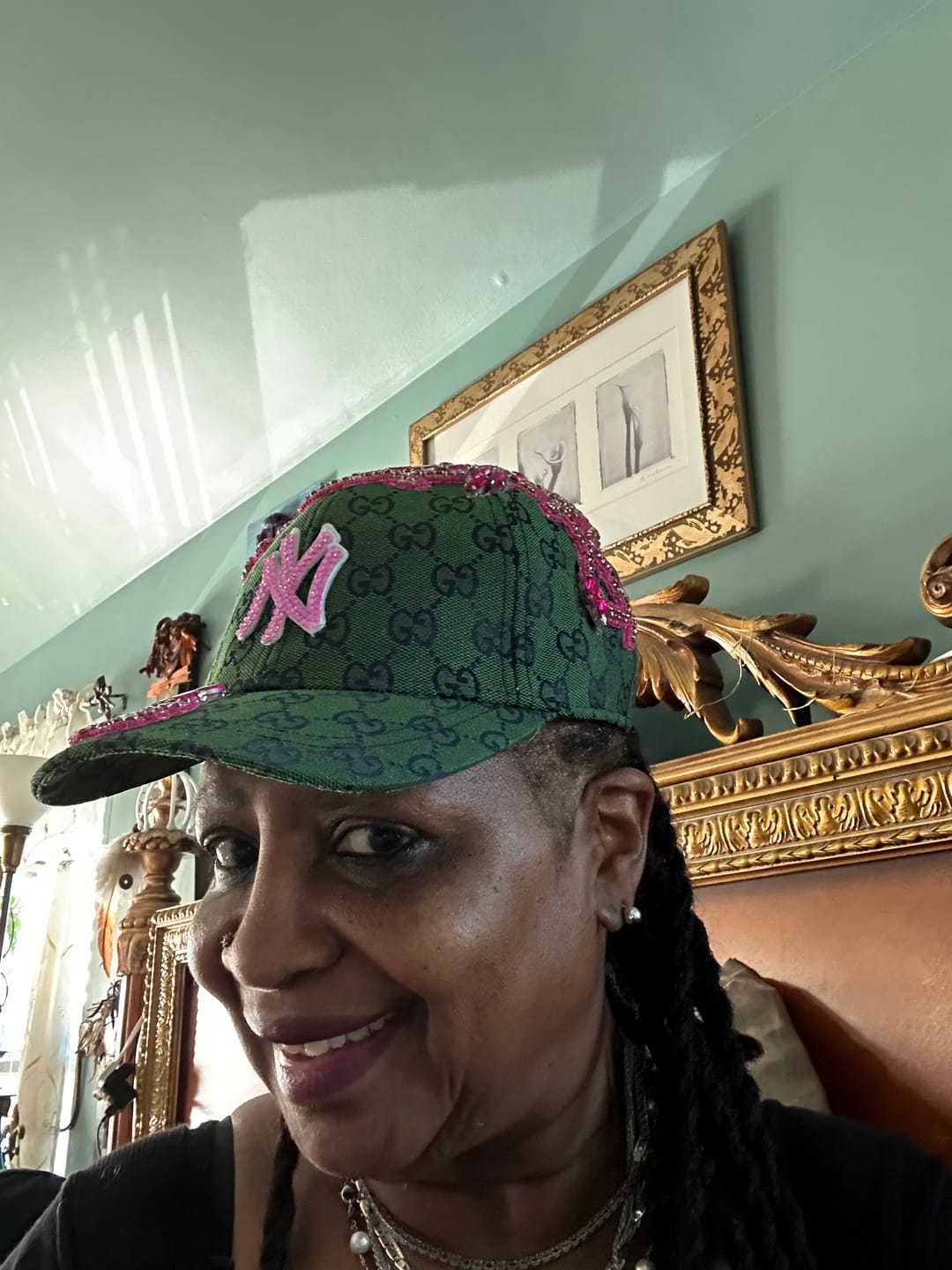 Customer photo review of Limited Edition Custom Beaded Pink Crystal Applique Green New York Hat