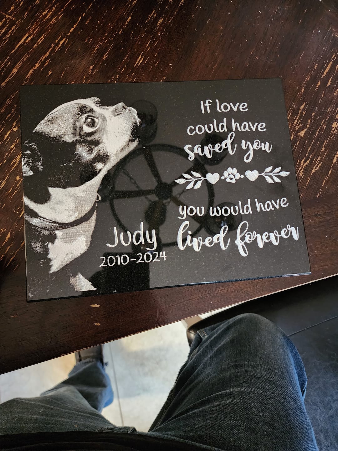 Customer photo review of Outdoor Personalized Dog Memorial Plaque If Love Could Have Saved You Personalized Outdoor Plaque