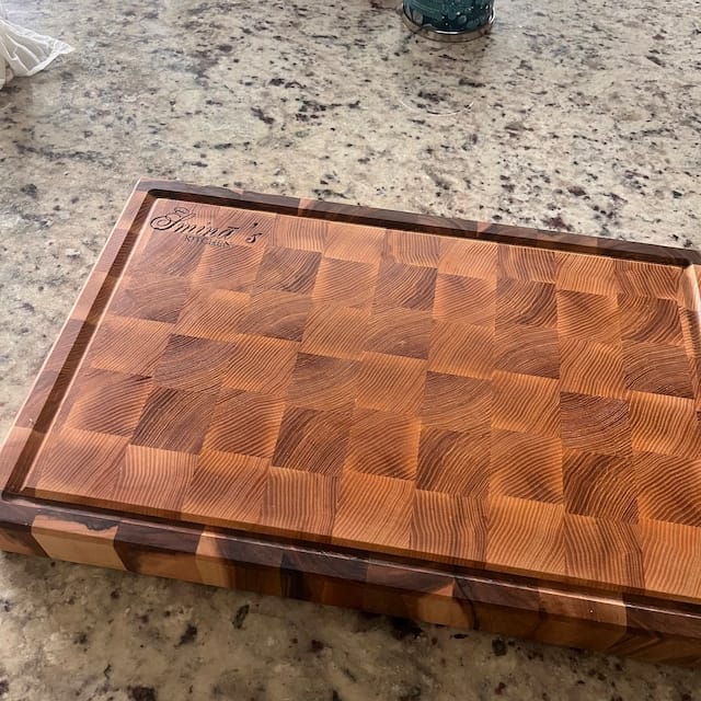 Customer photo review of Personalized Double-sided Walnut and Cherry End Grain Cutting Board