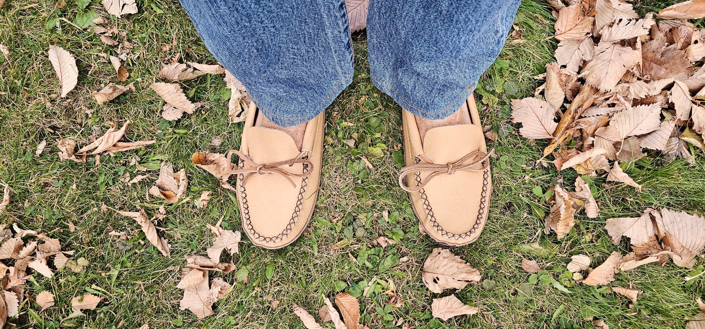 Customer photo review of Men's Earthing Moccasins Moose Hide with Heavy Oil Tan Soles