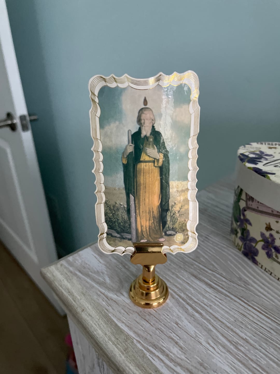 Customer photo review of New! Holy Card Stand – Stand Only – (Holy Card Not Included) – Brass-Colored Steel Stand to Display Holy Card